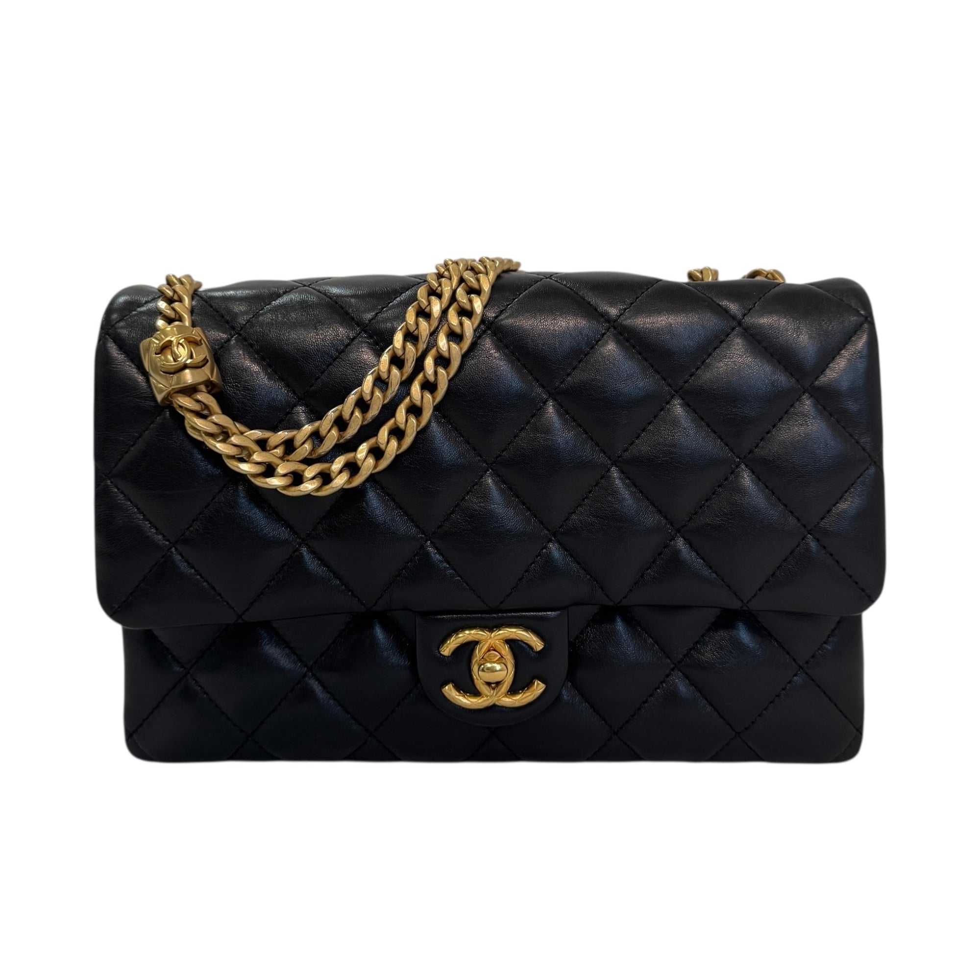 Chanel Matelasse Leather Chain Shoulder Bag Black Gold Hardware AS3393
