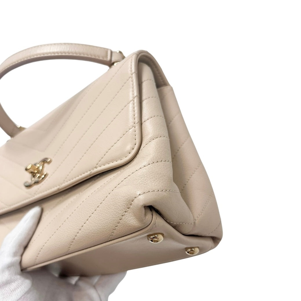 シャネル Vステッチ トップハンドルフラップバッグ ベージュ A57147 Bランク