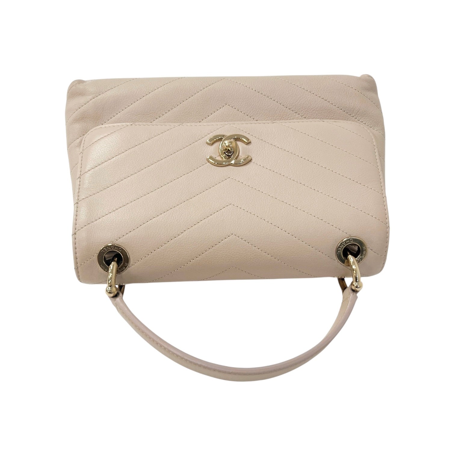 シャネル Vステッチ トップハンドルフラップバッグ ベージュ A57147 Bランク